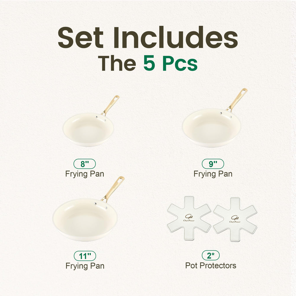 Chef Power Ceramic Frying Pan with Stainless Steel handle 5Pcs Set, Non Stick Grill Pan Set, Dishwasher and Oven Safe, Cream White and Light Gold Handle