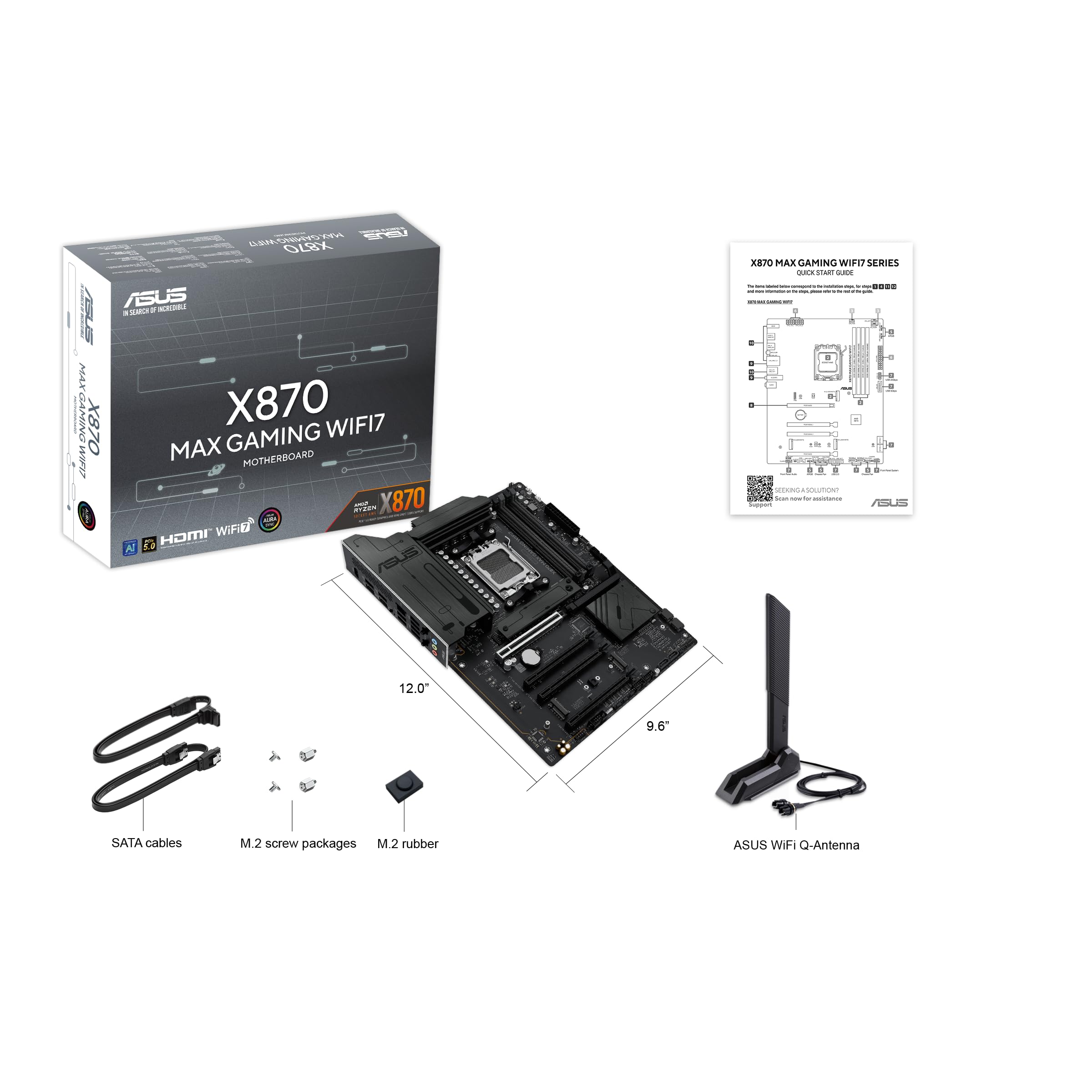 ASUS X870 MAX Gaming WIFI7 AMD AM5 ATX Motherboard, 12+2+1 80A DrMOS, DDR5, PCIe 5.0 x16 Q-Release, 3X M.2, Wi-Fi 7 Q-Antenna, 2.5Gb LAN, USB4® Type-C®, USB-C® 20Gbps, BIOS Flashback™, Aura Sync