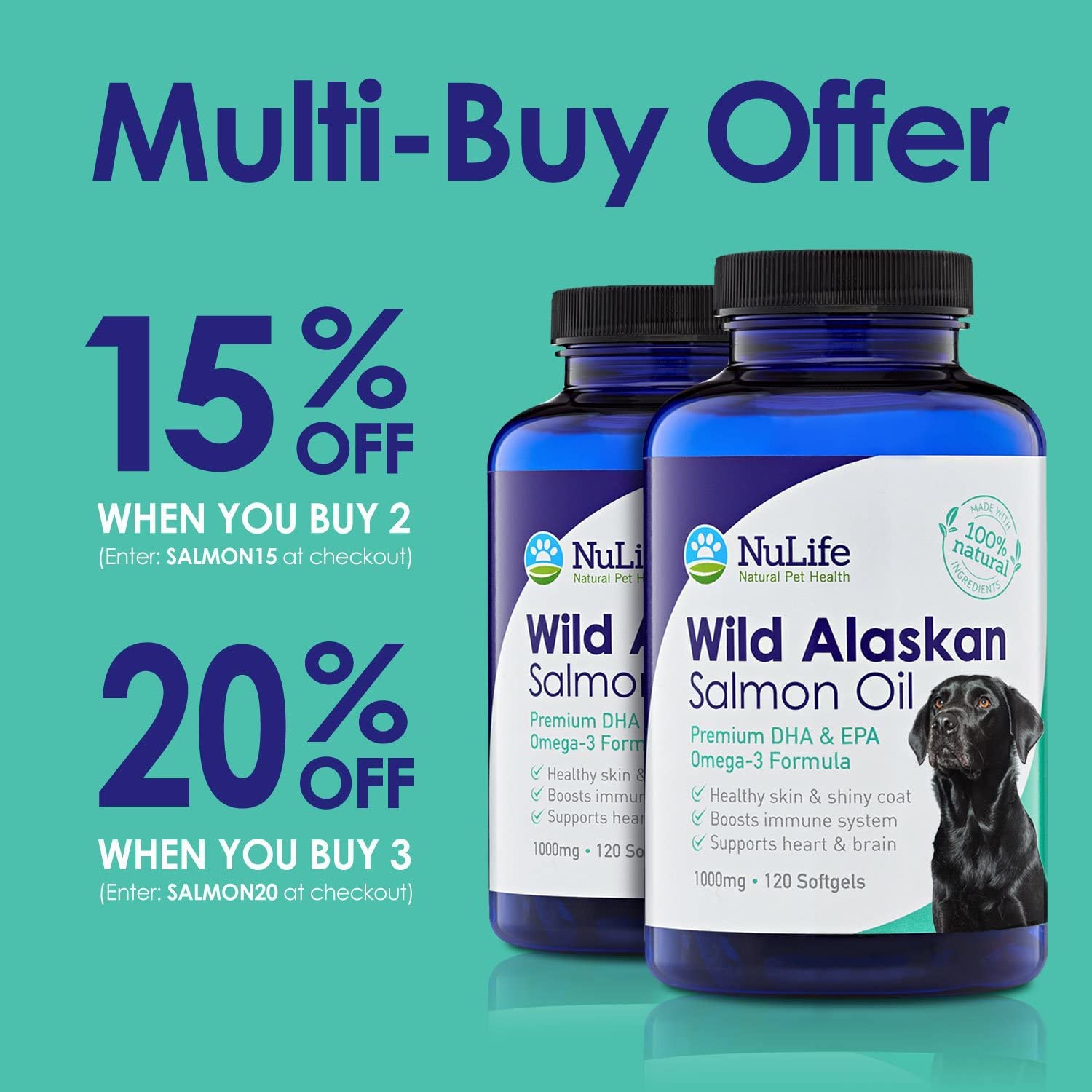 Pure Wild Alaskan Salmon Oil for Dogs, Omega 3 Fish Oil Supplement for Healthy Skin & Shiny Coat, Prevents Itchy Skin, Skin Allergies & Shedding, 120 Soft Capsules