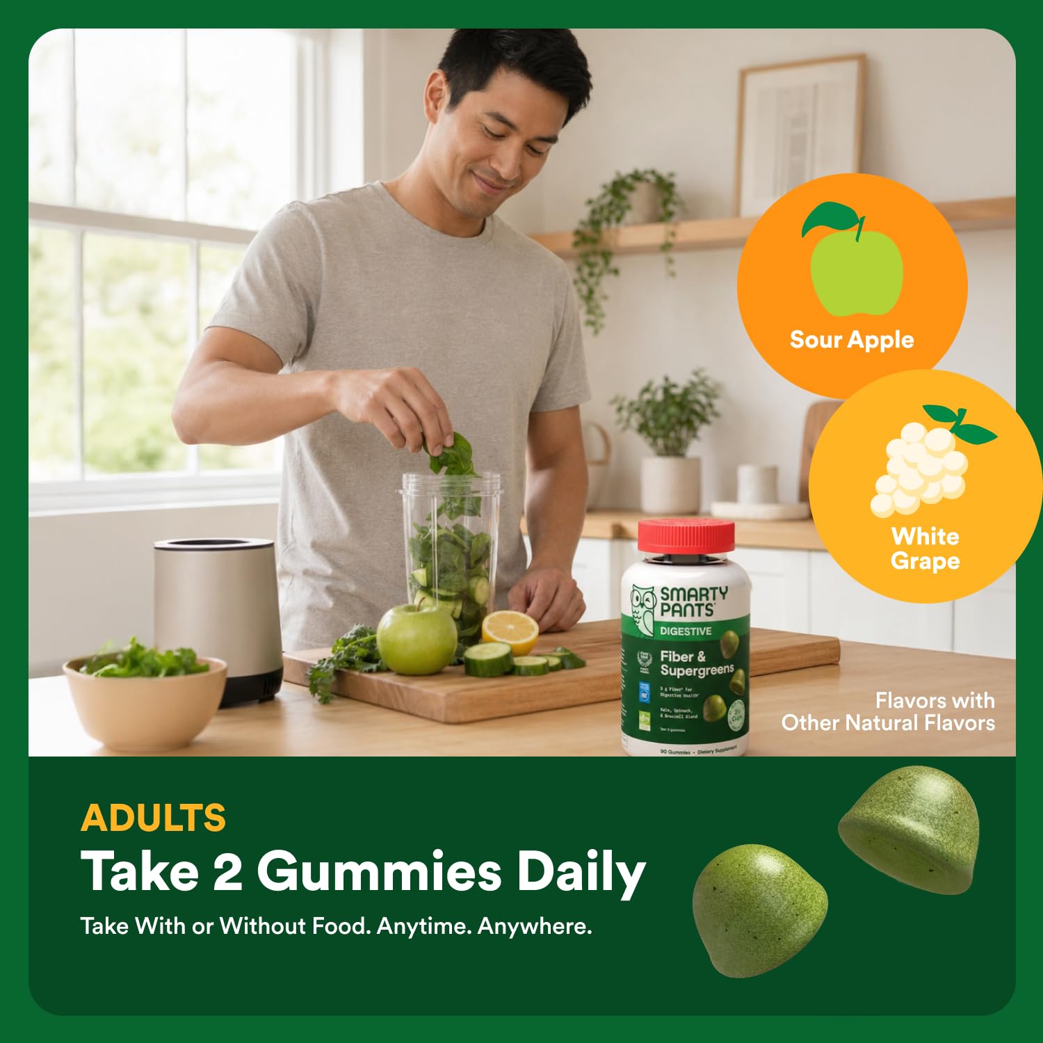 SmartyPants Fiber & Super Greens Gummies, Broccoli, Spinach, & Kale Blend to Support Gut Health, Prebiotic Fiber Gummies for Adults, Gluten Free, White Grape & Apple Flavor, 90 Count (30 Day Supply)
