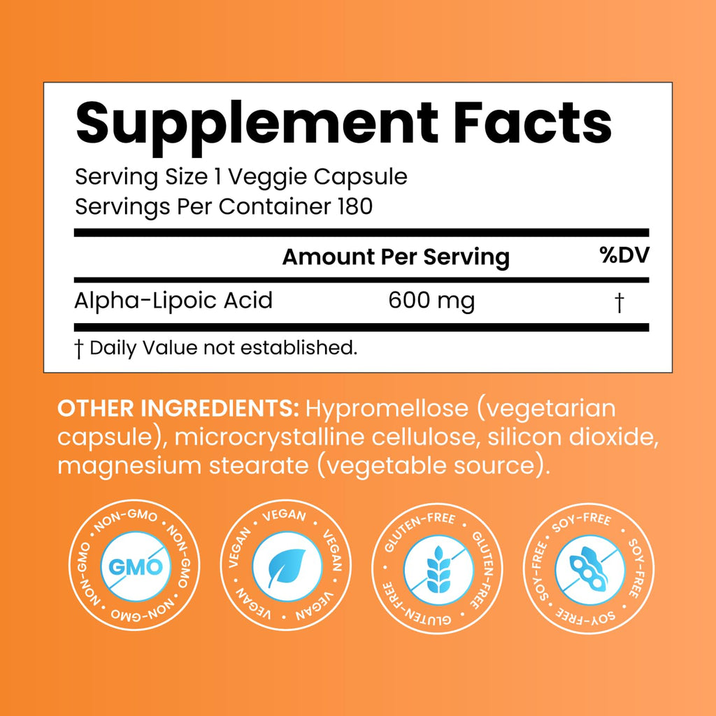 Doctor's Best Alpha Lipoic Acid Supplement 600mg - Alpha-Lipoic Acid Caps for Men & Women, ALA Antioxidant Support, Aids in Cellular Function, Non GMO, Gluten Free, Vegan - 180 Veg Capsules
