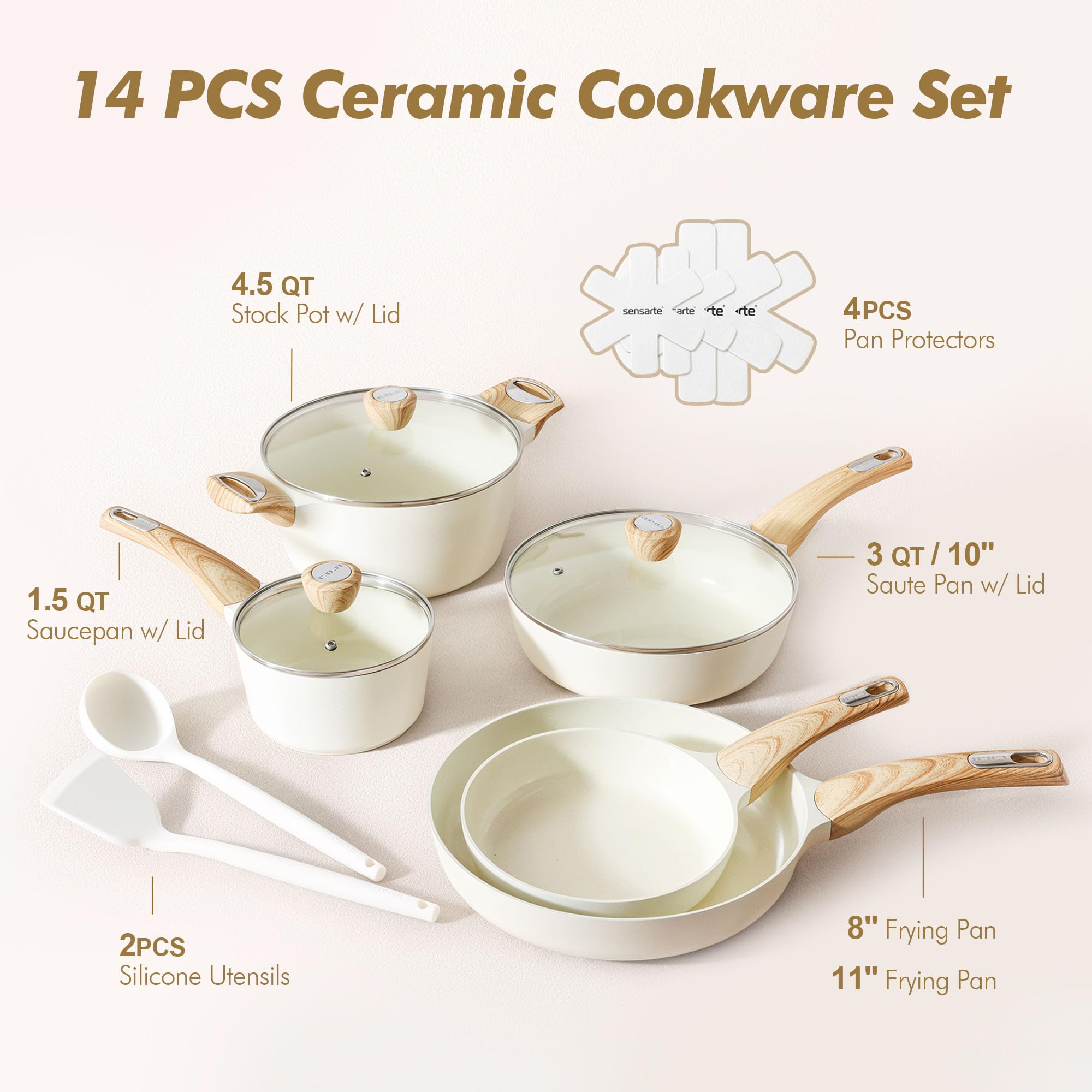SENSARTE Ceramic Cookware Sets, Pots and Pans Set Non stick, 14 Piece Induction Cookware, Non toxic Healthy Non Stick Kitchen Cooking Set, with Frying Pans Set, PFAS PTFE PFOA PFOS Free