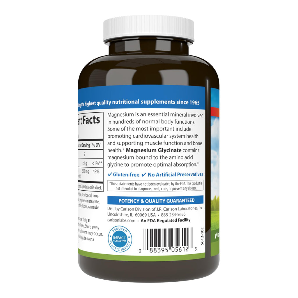 Carlson Chelated Magnesium Glycinate, 200 mg, Muscle Function, 180 Tablets