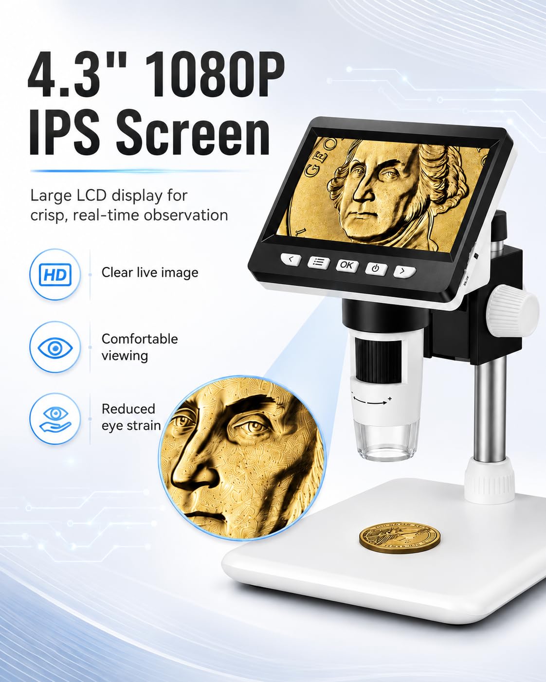 Digital Coin Microscope 1000X, 4.3" LCD Coin Magnifier with Screen for Error Coins, 1080P USB Microscope with 8 Adjustable LED Lights, Photo & Video, Built-in Storage, Compatible with Windows/MacOS