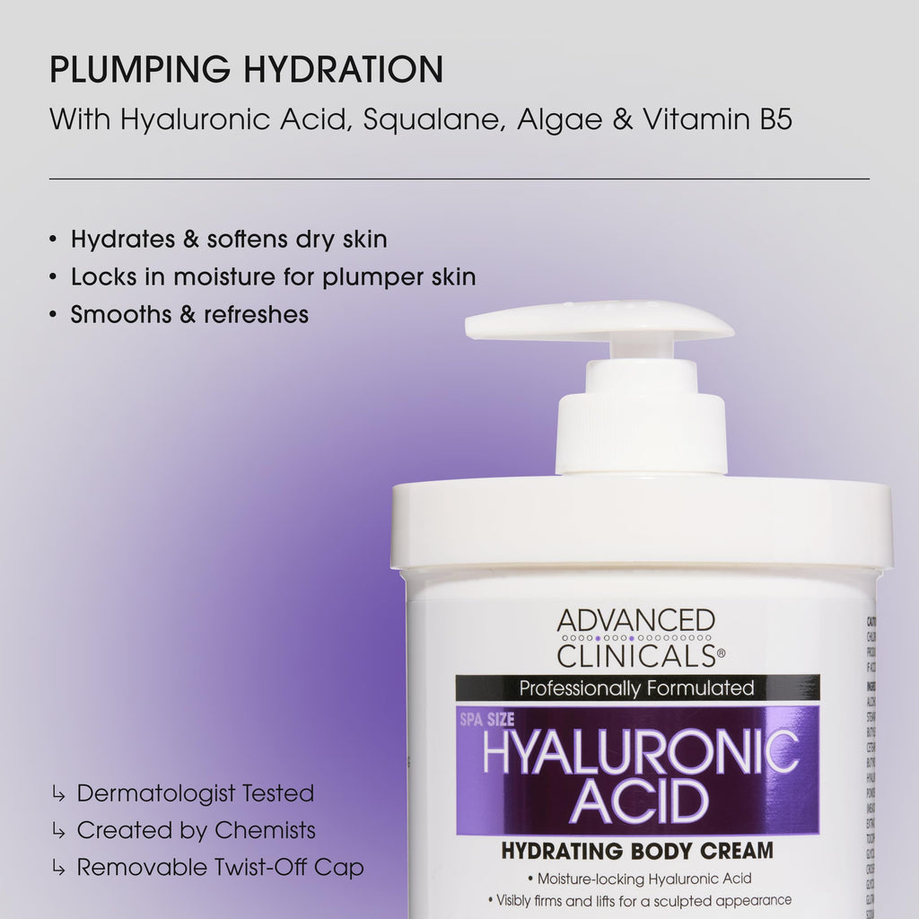 Advanced Clinicals Hyaluronic Acid Moisturizer Body Cream W/Vitamin E | Hydrating Cream & Body Lotion For Women & Men To Help Improve Look of Wrinkles, Dry Skin, Crepey Looking Skin, 16 Ounce