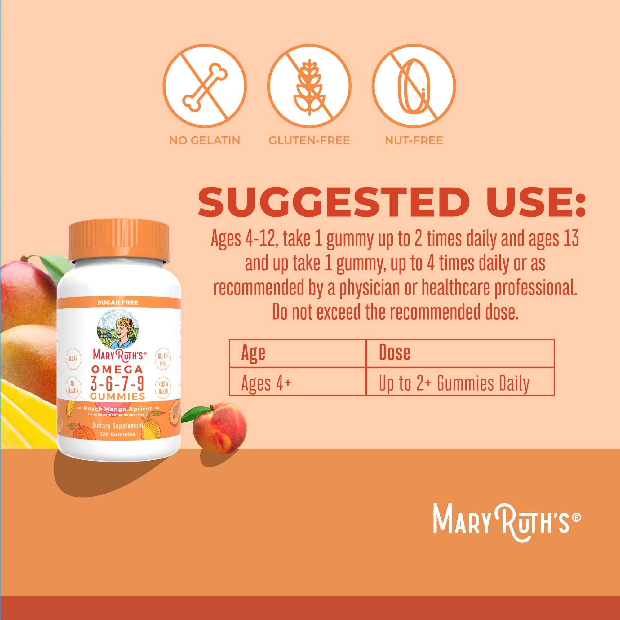 MaryRuth's Vegan Omega 3 6 7 9 Gummies, No Fish Taste, Up to 4 Month Supply