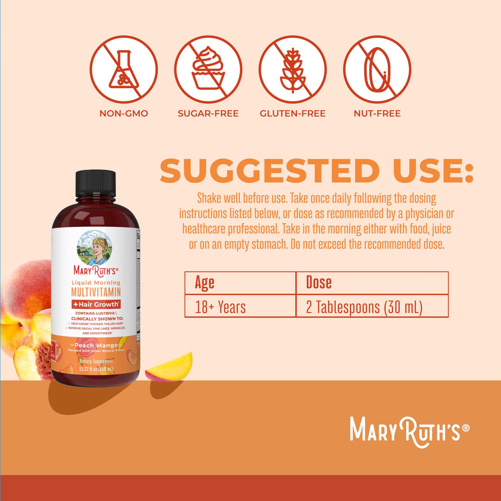 MaryRuth's MaryRuth's Liquid Morning Multivitamin +Hair Growth (Peach Mango, 15.22oz) & Iron Liquid (Berry) | Clean Label Project Verified® | Beauty, Immunity, & Overall Health | Vegan, Non-GMO