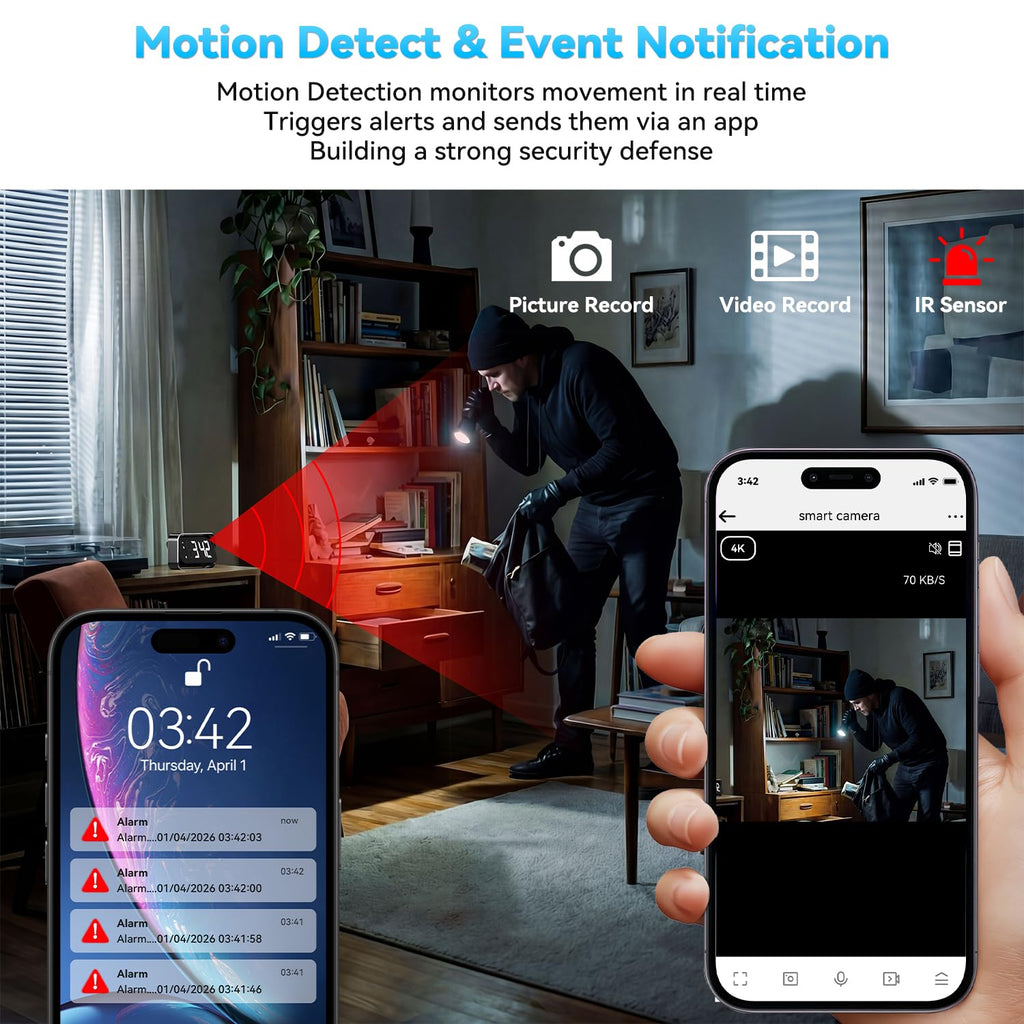 4K Full HD WiFi Security Mini Camera in Alarm Clock, Support 2.4G and 5G