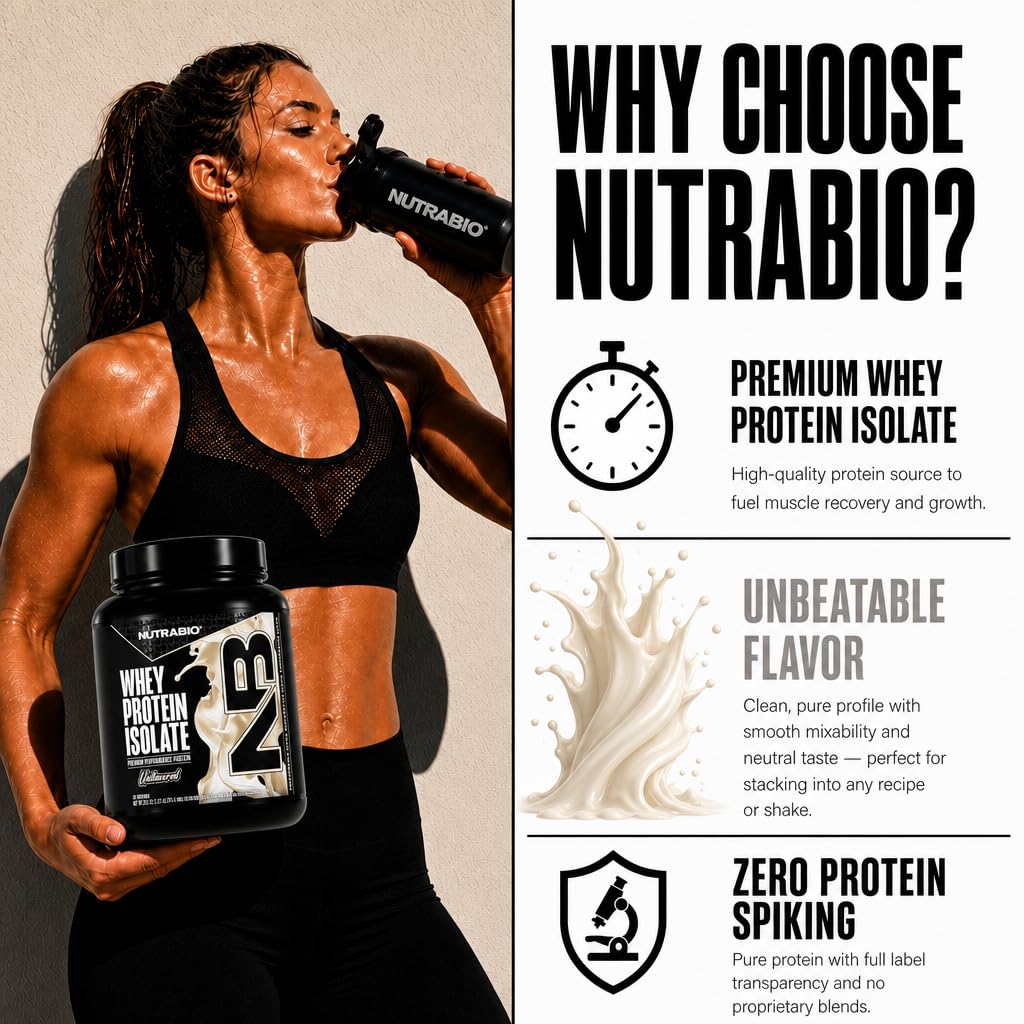NutraBio 100% Whey Protein Isolate Protein Powder, 25g Protein with Complete Amino Acid Profile, Non-GMO, Soy & Gluten Free, Low Carb, Low Calorie Whey Protein Powder, Raw Unflavored, 20 Servings