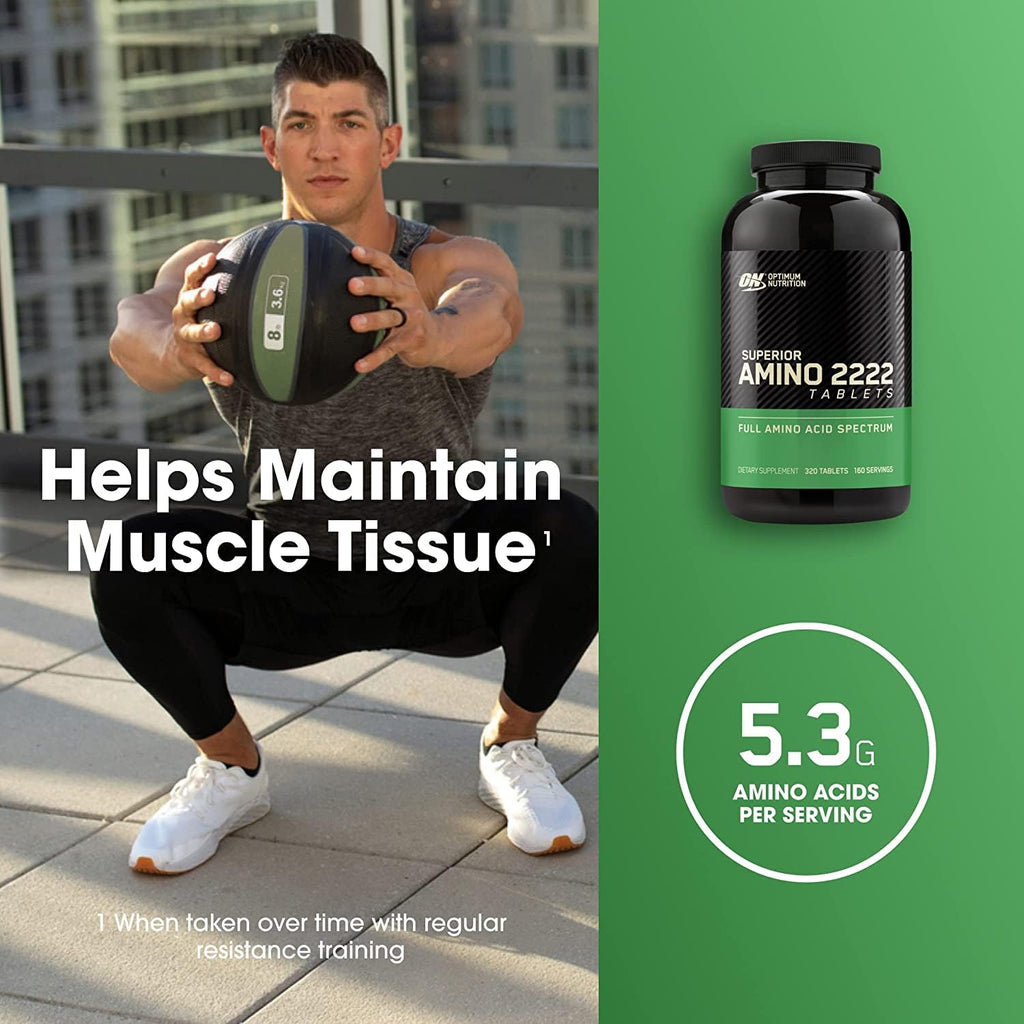 Optimum Nutrition Superior Amino 2222 Tablets, Complete Essential Amino Acids, EAAs, 320 Count