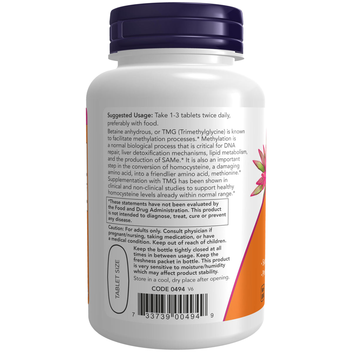 NOW Foods Supplements, TMG Betaine (Trimethylglycine) 1,000 mg, 100 Tablets