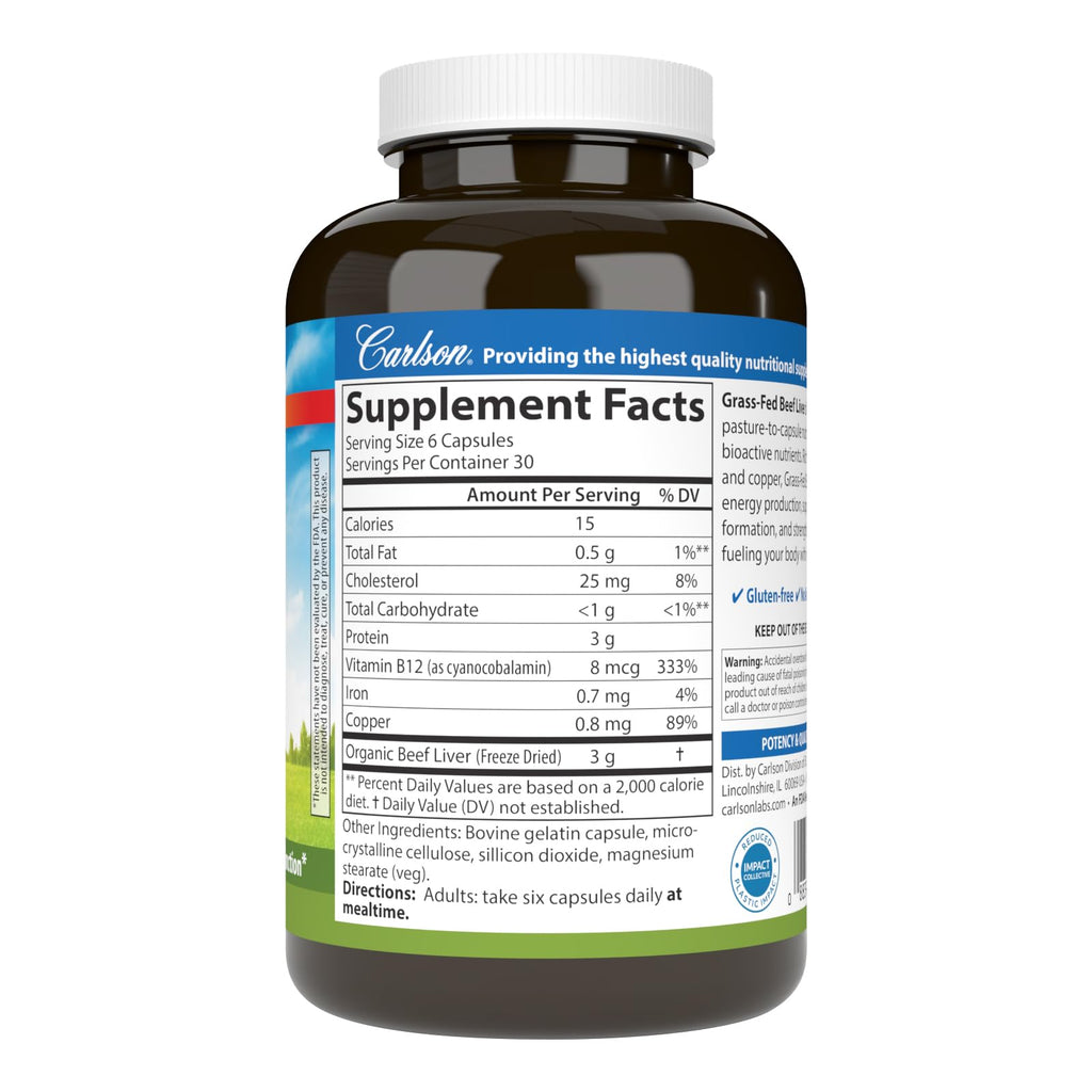 Carlson – Grass-Fed Beef Liver, with Iron & Copper, Supports Blood Health & Energy, Red Blood Cell Production, 180 Capsules