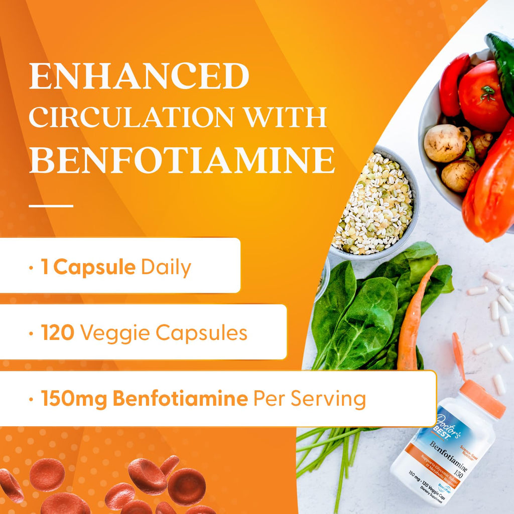 Doctor's Best Benfotiamine 150mg Supplement - Bioavailable Vitamin B1 for Men & Women, Benfotiamine B1 Capsules, Supports Nerve & Metabolic Health, Antioxidant Support, Non GMO, Vegan -120 Veggie Caps