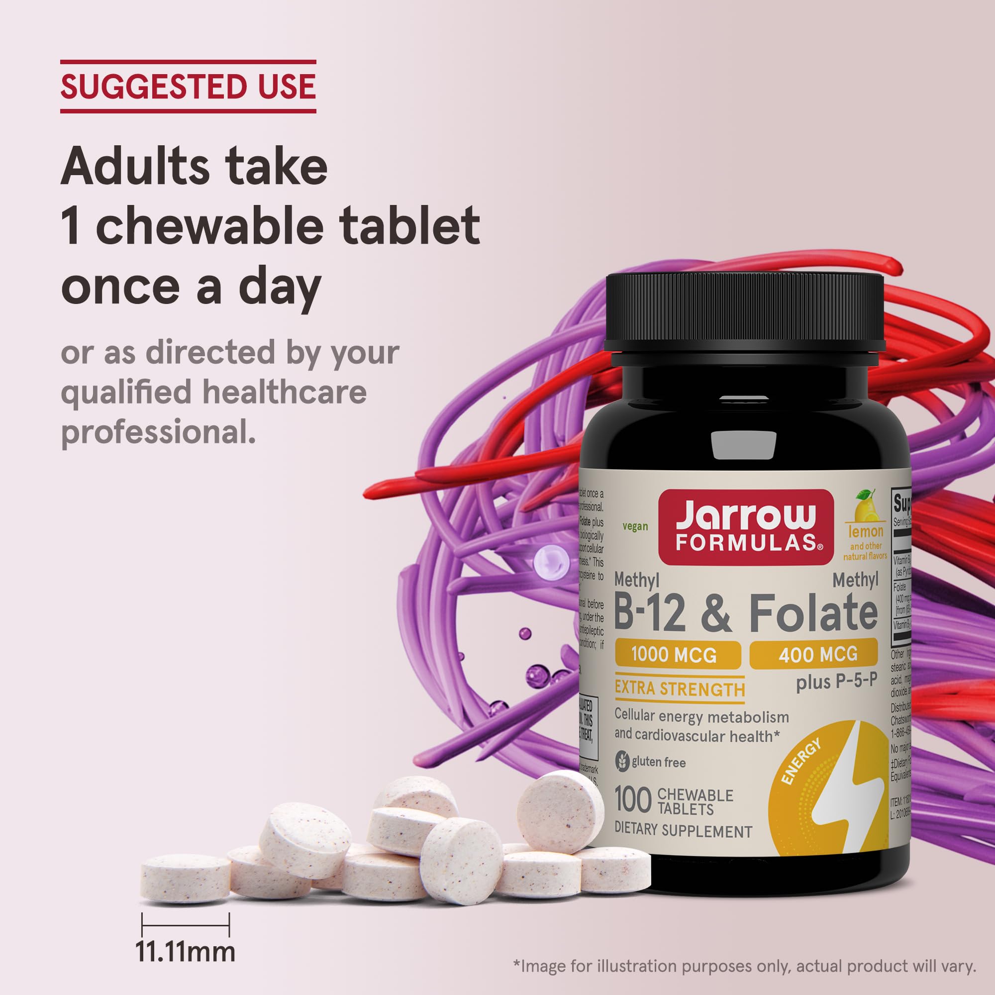 Jarrow Formulas Methyl B-12 & Methyl Folate, Bioactive Vitamin B9 & Vitamin B12 Supplement, Supports Cellular Energy Production, Healthy Brain Function & Metabolism, 100 Chewable Tablets, 100 Servings