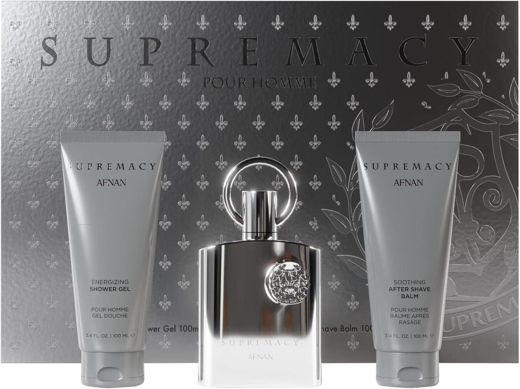 Afnan Supremacy Silver Perfume Gift Set - Eau De Parfum (3.4 Oz), Shower Gel (3.4 oz), After Shave Balm (3.4 oz)