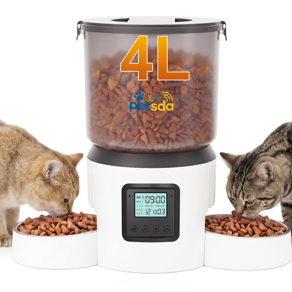 Automatic Cat Feeder for 2 Cats 4L Timed Cat Dry Food Dispenser Double Bowl Auto Pet Feeder and Small Dogs Dual Power Supply 9 Meals Programmable 1-15 Portion Per Day with Stainless Bowl Easy Clean