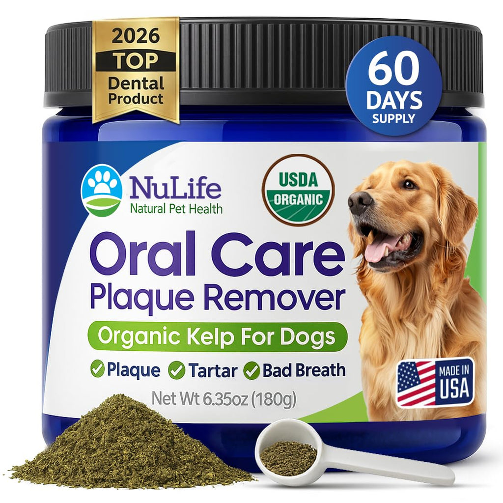 Dog Teeth Cleaning Powder, Dog Plaque and Tartar Remover, Bad Breath Treatment for Dogs with USDA Organic Sea Kelp Powder, Dog Dental Care Made Easy, for All Ages, 6oz