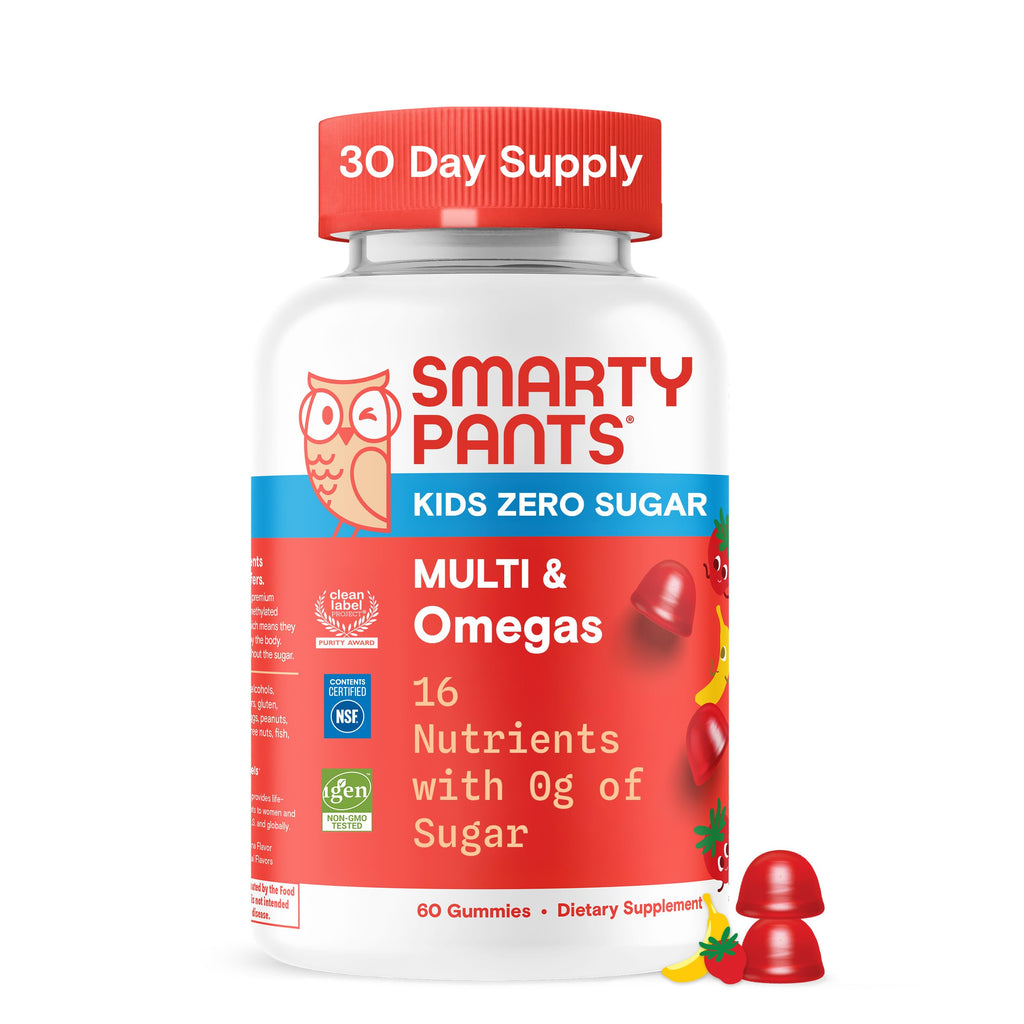 SmartyPants Kids Zero Sugar Multi & Omegas Multivitamin Gummies with Omega 3 ALA, Vitamins D, C, A, Plant-Based, Clean Label, No Sugar Alcohols, Strawberry Banana Flavor, 60 Gummies (30 Day Supply)