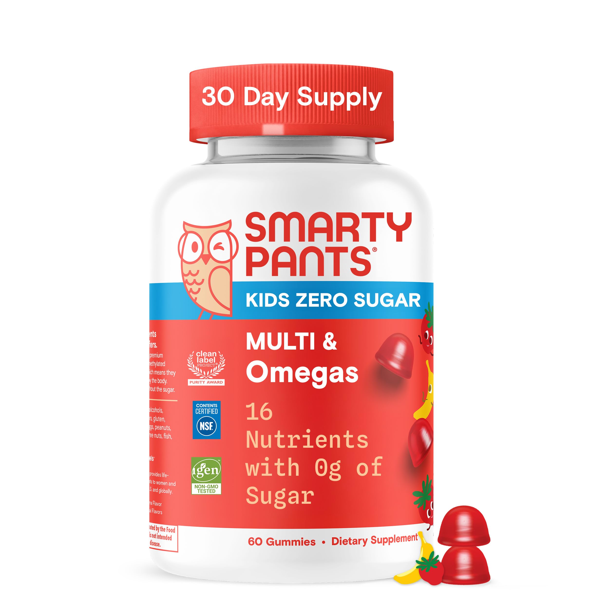 SmartyPants Kids Zero Sugar Multi & Omegas Multivitamin Gummies with Omega 3 ALA, Vitamins D, C, A, Plant-Based, Clean Label, No Sugar Alcohols, Strawberry Banana Flavor, 60 Gummies (30 Day Supply)