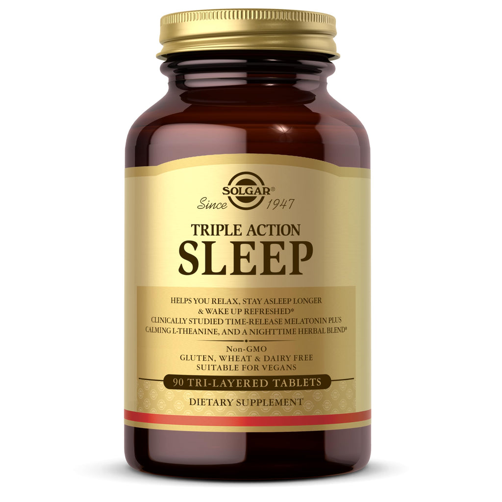 Solgar Triple Action Sleep, 90 Tri-Layer Tablets - Time-Release Melatonin & L-Theanine Plus Herbal Blend - Helps You Relax, Fall Asleep Fast & Stay Asleep Longer - Non-GMO, Gluten Free - 90 Servings