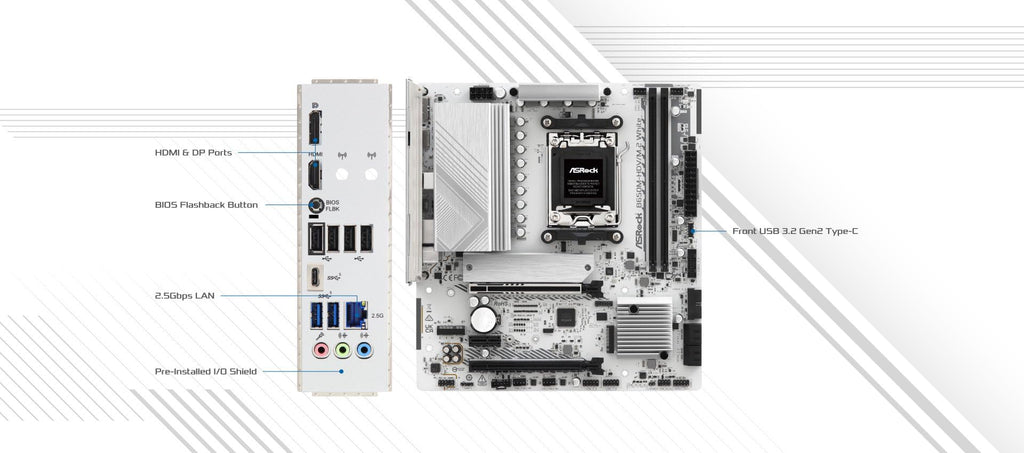 ASRock B650M-HDV M.2 White Micro-ATX AM5 Motherboard, AMD Ryzen 9000/8000/7000, PCIe 5.0 x16, DDR5 8200+(OC), Dual M.2 (Gen5/Gen4), USB 3.2 Type-C, 2.5G LAN