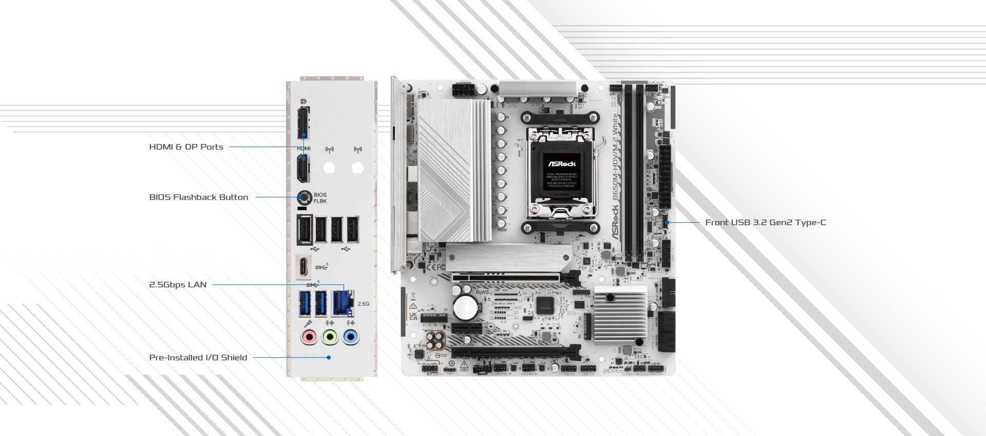 ASRock B650M-HDV M.2 White Micro-ATX AM5 Motherboard, AMD Ryzen 9000/8000/7000, PCIe 5.0 x16, DDR5 8200+(OC), Dual M.2 (Gen5/Gen4), USB 3.2 Type-C, 2.5G LAN