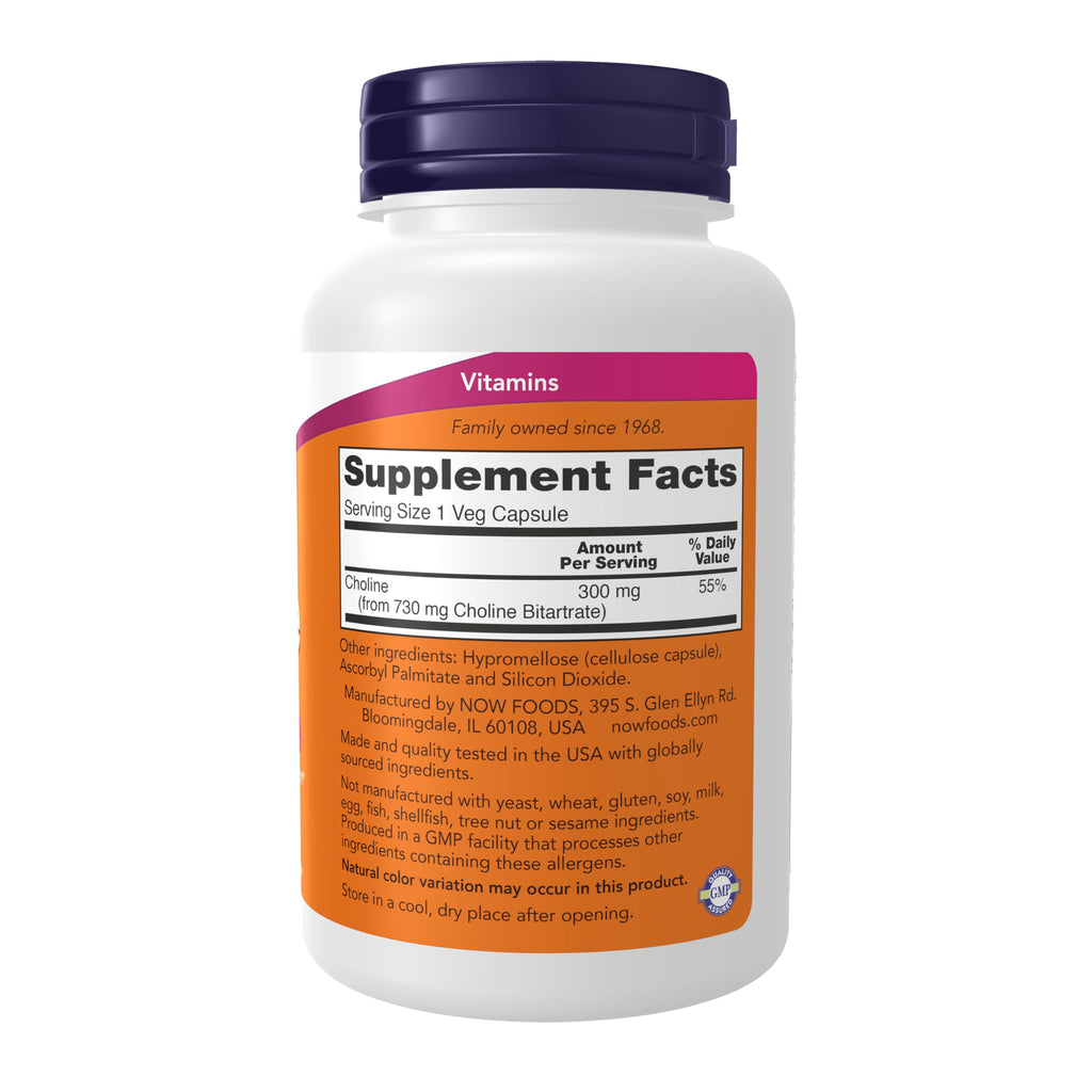 Now Supplements Choline 300 mg, 100 Veg Capsules, Vegan