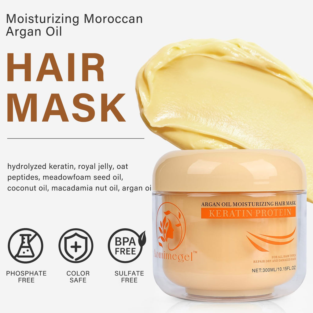 Aomimegel Collagen Repair Hair Mask & Argan Oil Set, 10.15 fl oz + 2 fl oz