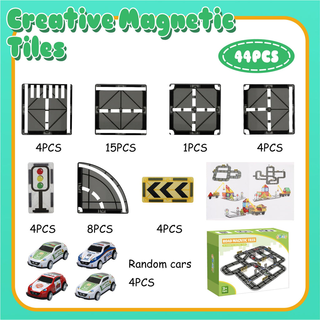 Magnetic Tiles Road Set with Pullback Car for Kids Ages 4-8 Boys Stem Toys
