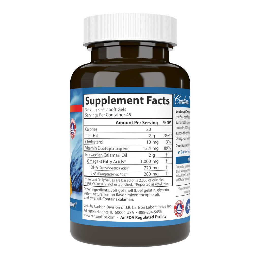 Carlson EcoSmart Omega-3, 1000 mg, Omega-3s, Calamari Oil, 90 Softgels
