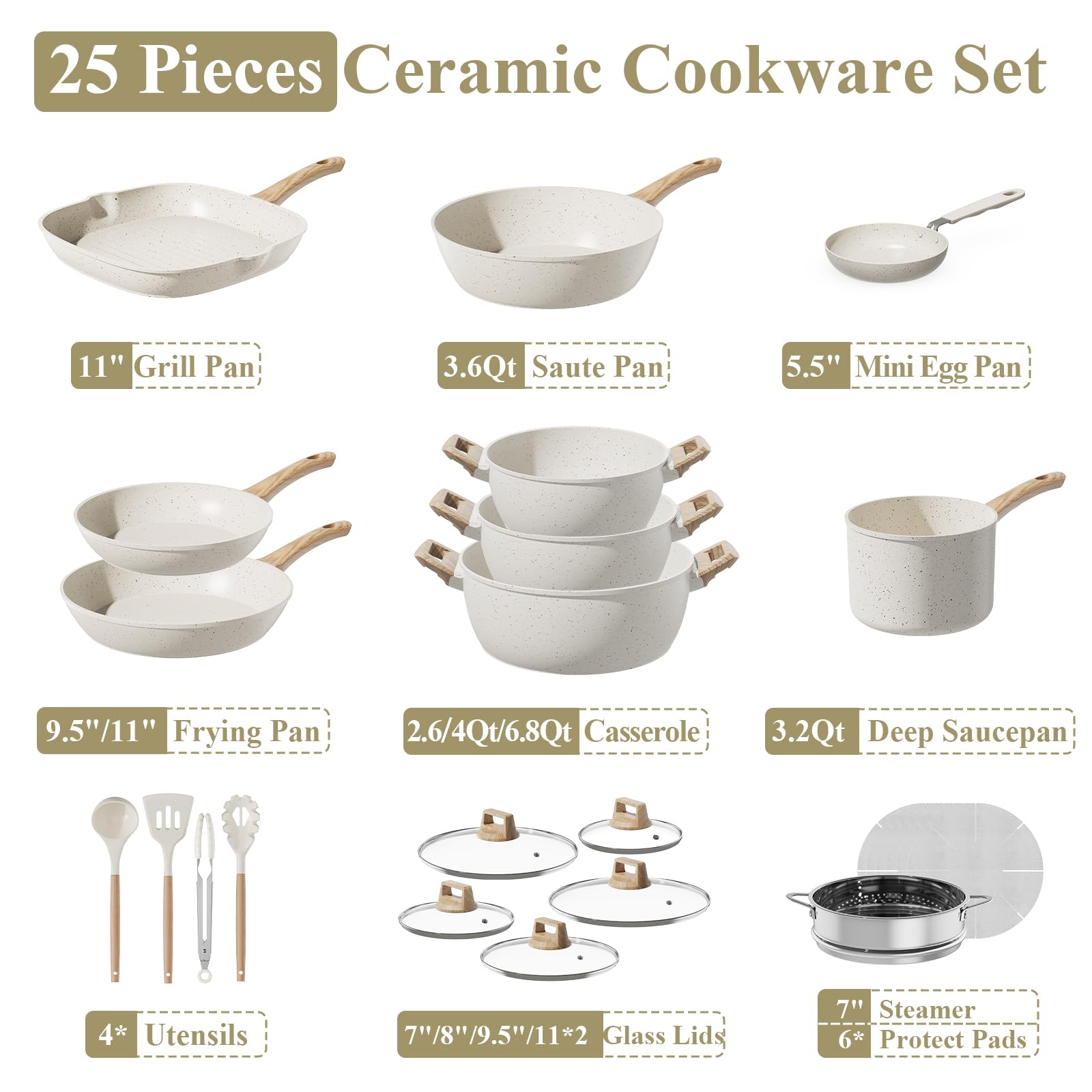 Bazova 25Pcs Pots and Pans Set Non Stick, Titanium-Reinforced Ceramic Cookware Set Non Stick, Non Toxic PFAS-Free Induction Ready, Long-Lasting Performance, Full Kitchen Set with 3 Casseroles