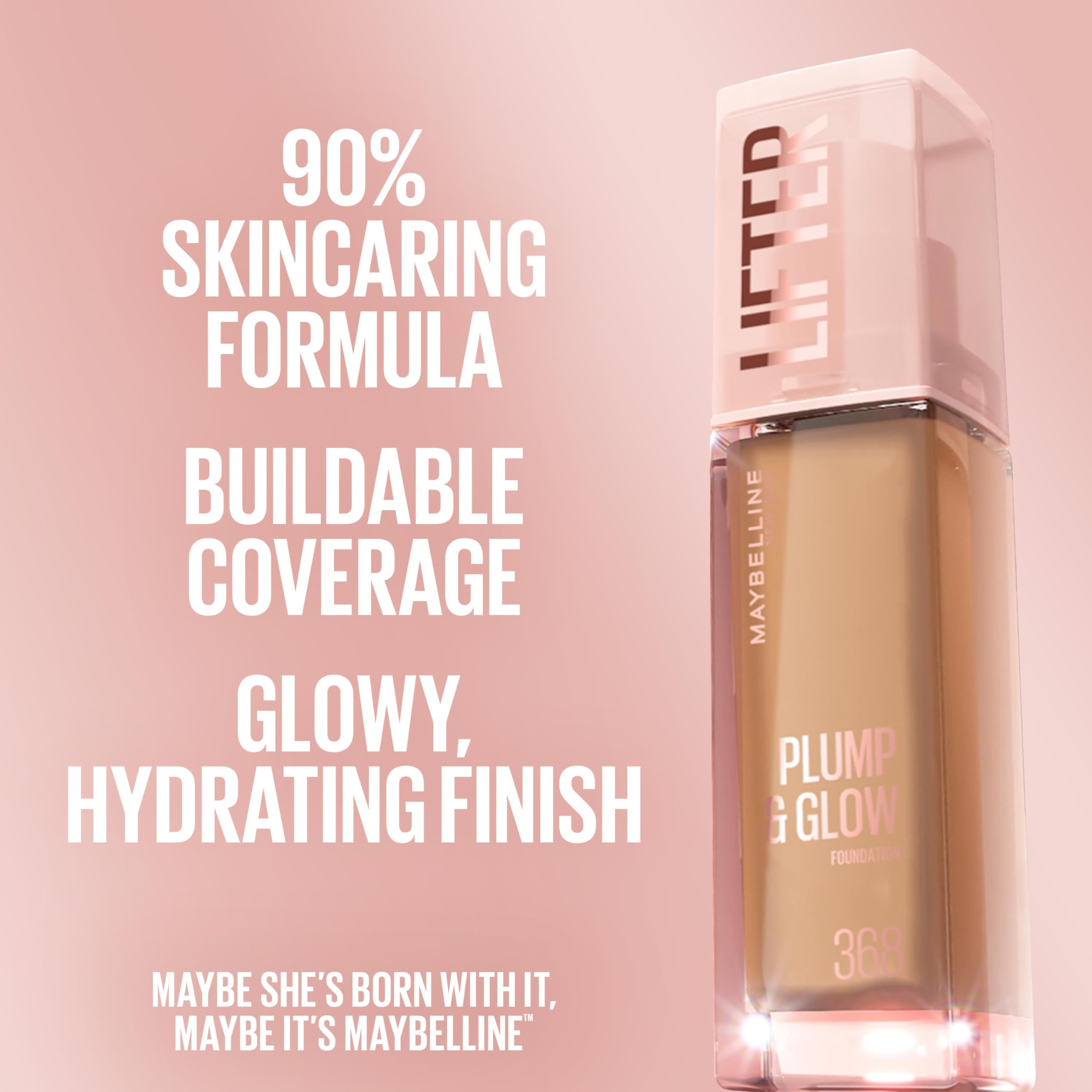 Maybelline Lifter Plump & Glow Foundation, Liquid Foundation with 2% Niacinamide + Hyaluronic Acid, Plumping and Brightening Face Makeup, 220, 1 Count
