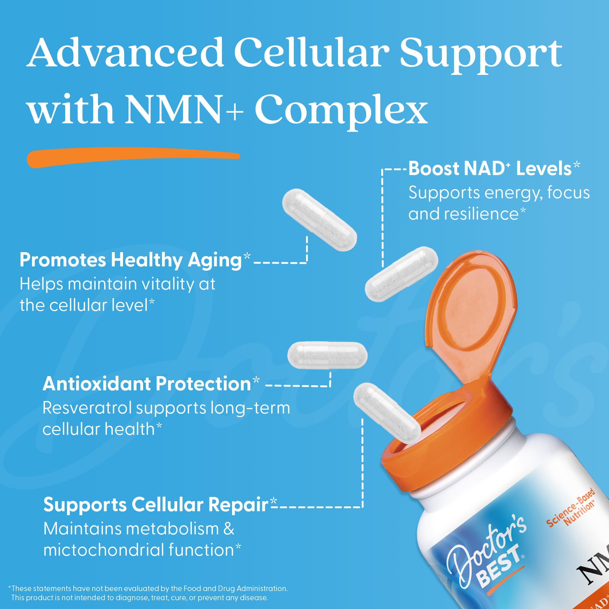 Doctor's Best NMN+ Complex Supplement Capsules for Women & Men - Supports NAD+ Production, Resveratrol 100mg & Beta Nicotinamide Mononucleotide 200mg per Capsule, Cellular Energy Support - 60 Veg Caps