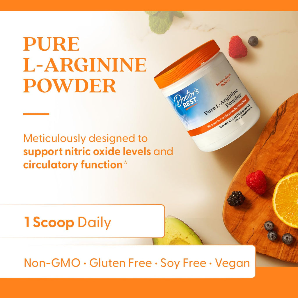 Doctors Best Pure L-Arginine Powder - L Arginine Supplement for Men & Women, Supports Nitric Oxide Levels & Heart Health, Blood Flow Support, Gluten Free, Vegan, Non GMO - 10.6 oz