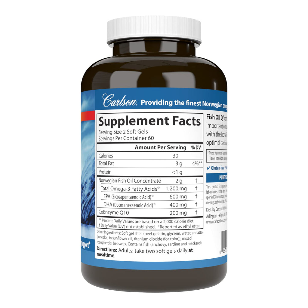 Carlson Fish Oil Q, 1200 mg, Omega-3s, 200 mg CoQ10, 120 Softgels
