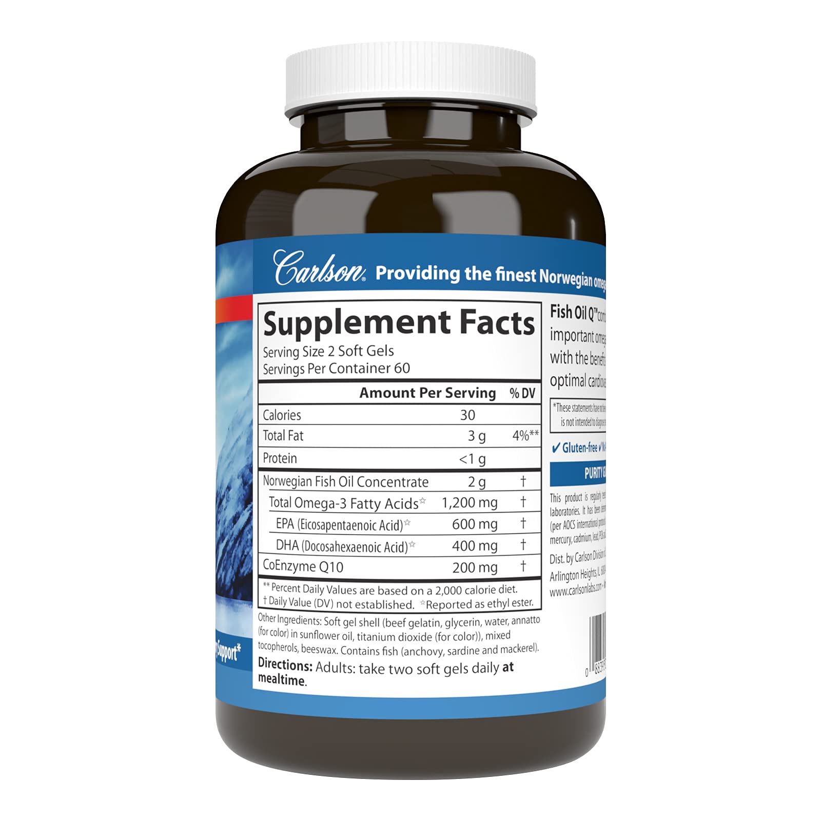 Carlson Fish Oil Q, 1200 mg, Omega-3s, 200 mg CoQ10, 120 Softgels