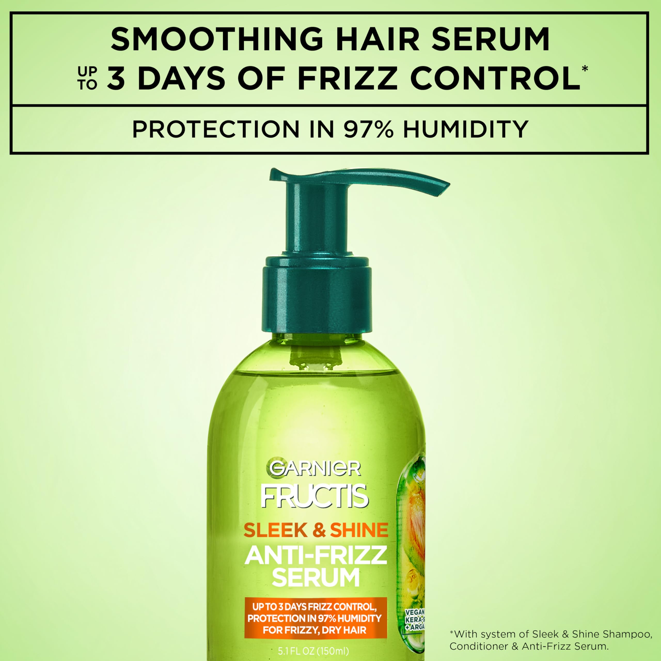 Garnier Fructis Sleek & Shine Anti-Frizz Hair Serum for Frizzy, Dry Hair, Leave-In Argan Oil Infused Formula with Up to 72HRs of Frizz Control, Smooths Flyaways & Boosts Hair Shine, 5.1 Fl Oz