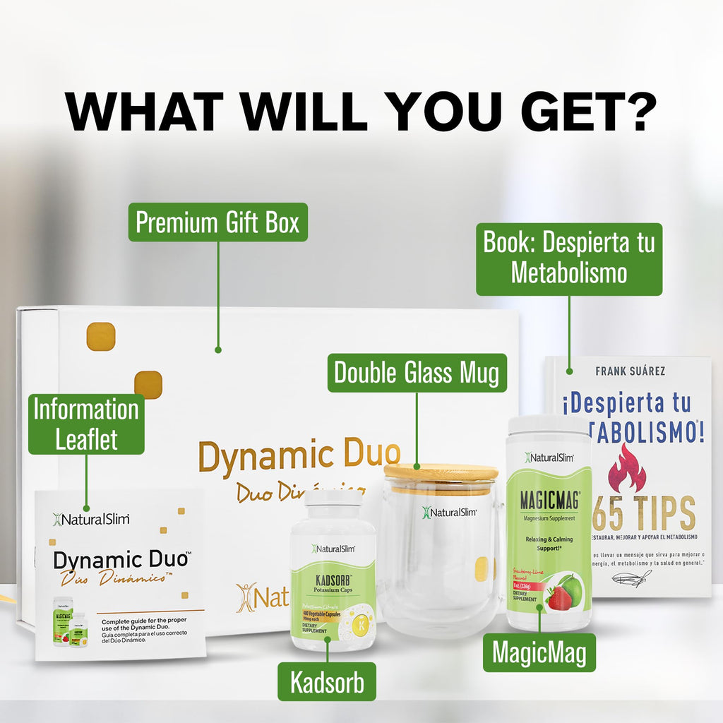 NaturalSlim Dynamic Duo Gift Set – Magnesium Powder, Potassium Capsules, Despierta tu Book, Double Glass Mug & Premium Gift Box | Educational Wellness Bundle Inspired by Frank Suárez