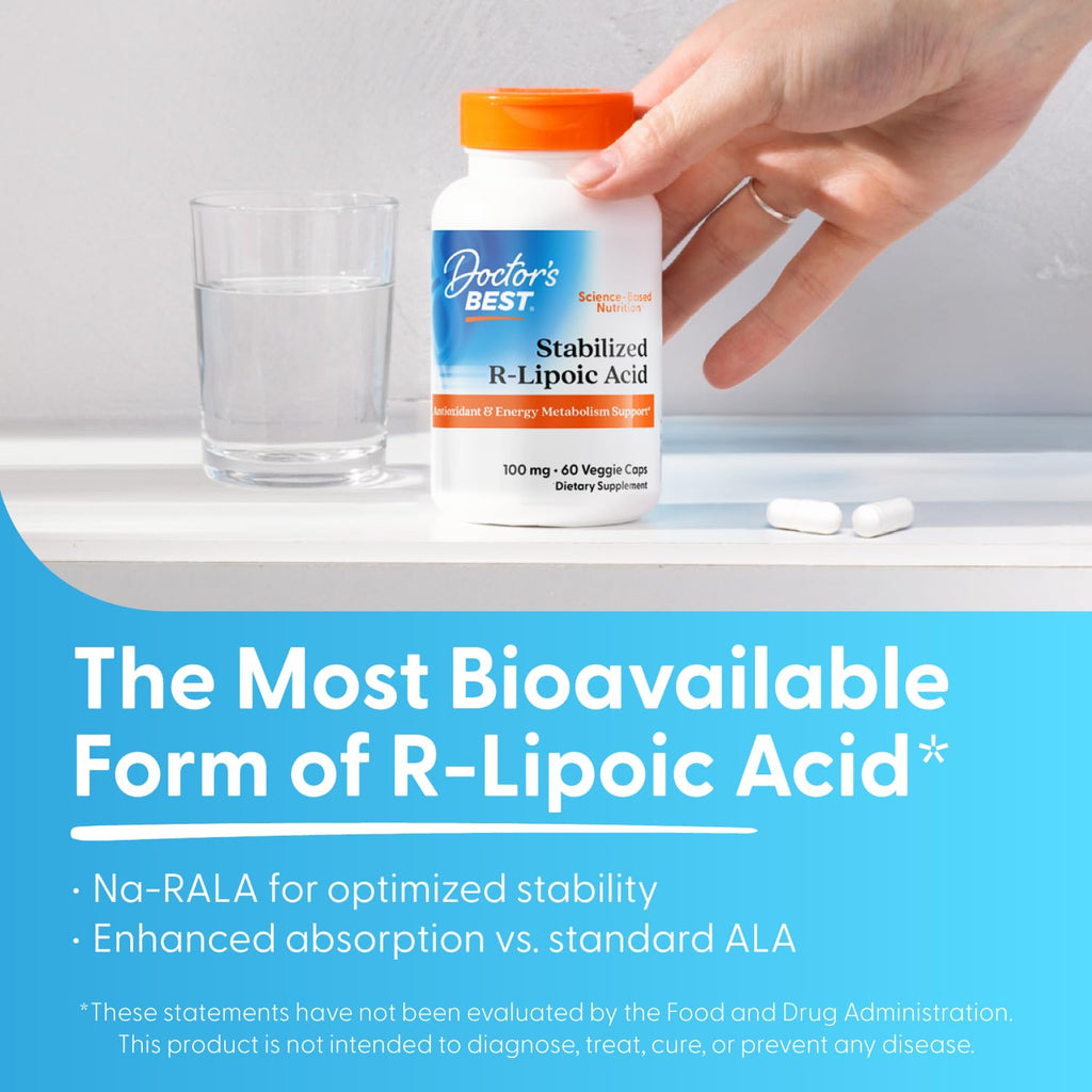 Doctor's BEST Stabilized R-Lipoic Acid Supplement 100 mg - R-Alpha Lipoic Acid Capsules for Men & Women, Formula with D-Biotin, Antioxidant & Metabolic Response Support, Vegan - 60 Veg Caps