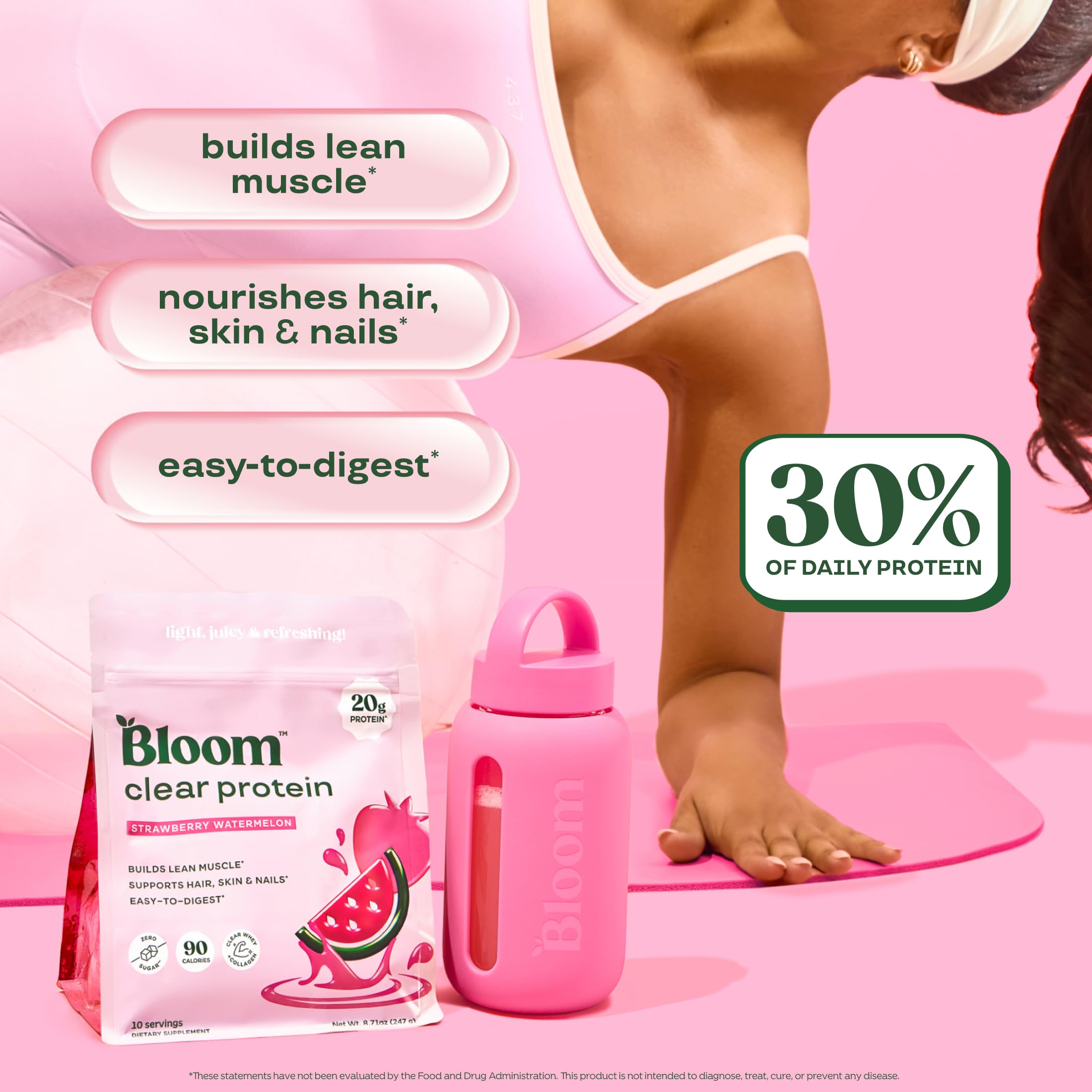 Bloom Clear Protein, Whey Protein Isolate with Collagen Peptides and Digestive Enzymes, 20g Protein, Sugar Free Post Workout Drink Mix, 90 Calories, Strawberry Watermelon, 10 Servings