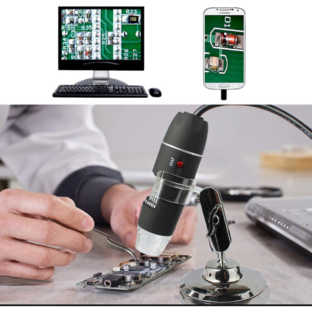 USB Digital Microscope 40X to 1000X, 8 LED Magnification Endoscope Camera with Carrying Case & Metal Stand, Compatible for Android Windows 7 8 10 11 Linux Mac (Not for iPhone/iPad)