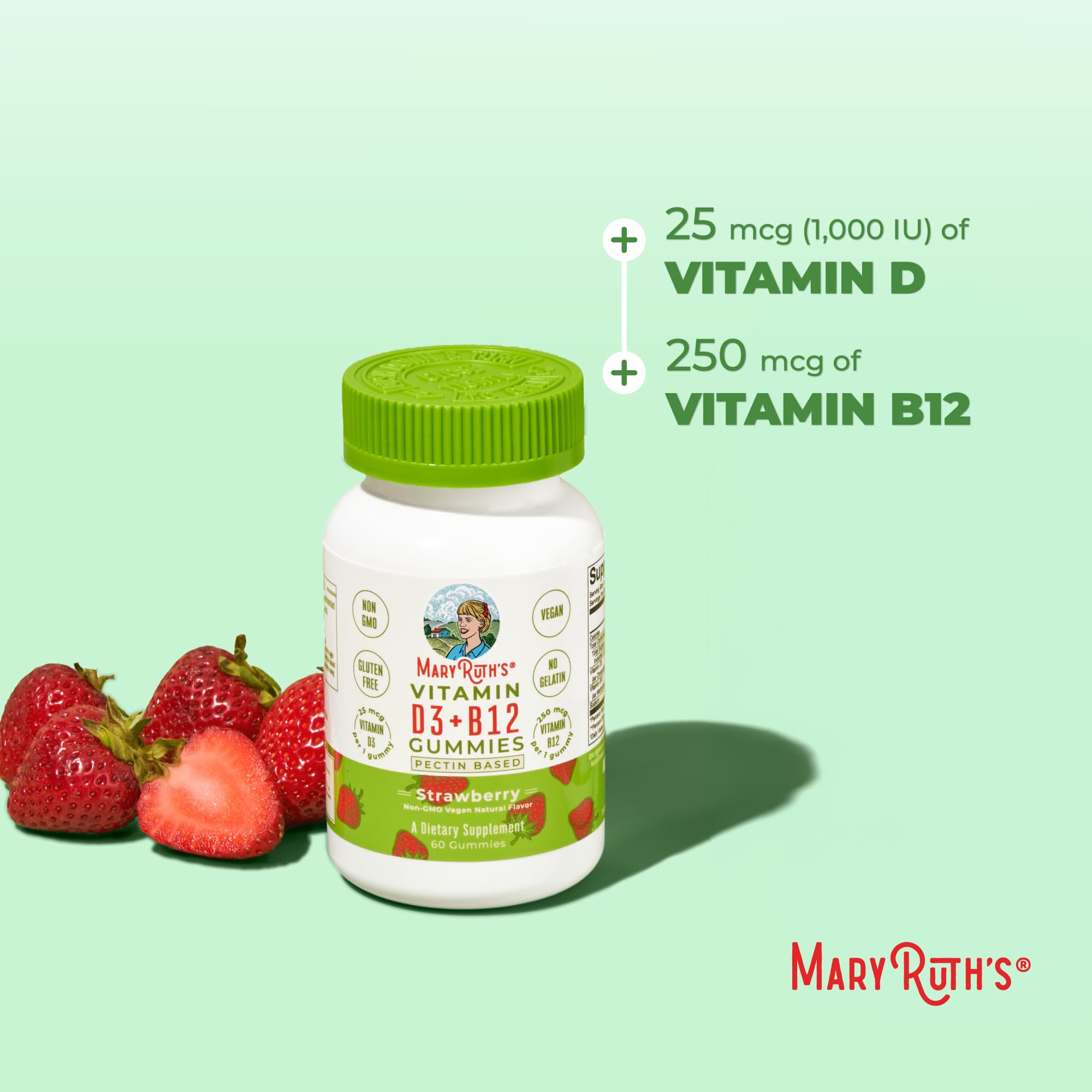 MARYRUTH'S Vitamin D3 + B12 Gummies for Ages 4+, Bone Health, 60 Servings