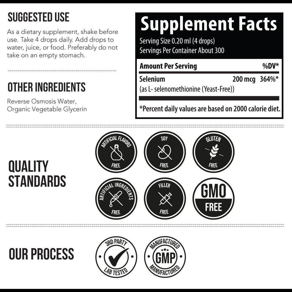 Selenium - 200 mcg, Selenomethionine Form, 300 Servings - Vegan, Glass Bottle, Yeast Free - Sublingual Liquid Concentrate - Antioxidant, Supports Immunity, Thyroid Health (2 oz.)