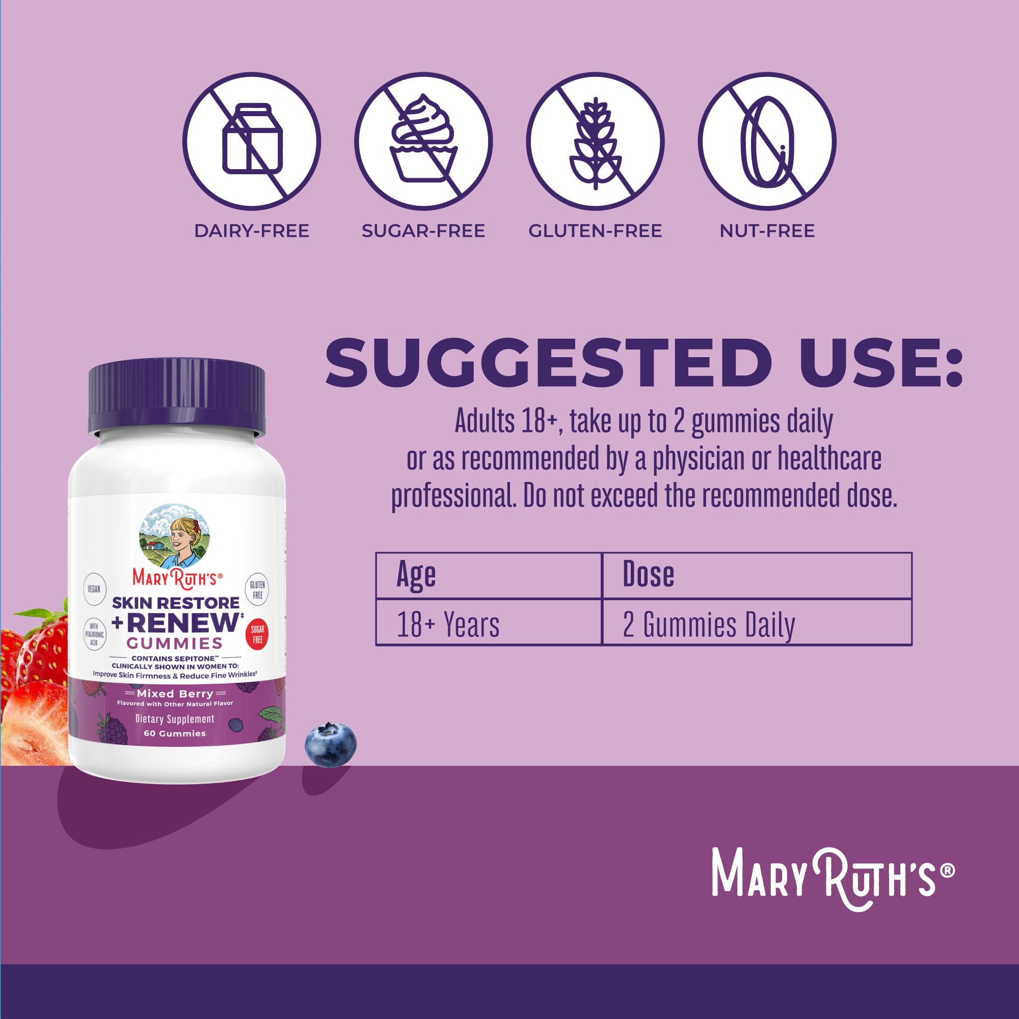 MaryRuth's Skin Restore + Renew Gummies with Hyaluronic Acid, 60 Gummies