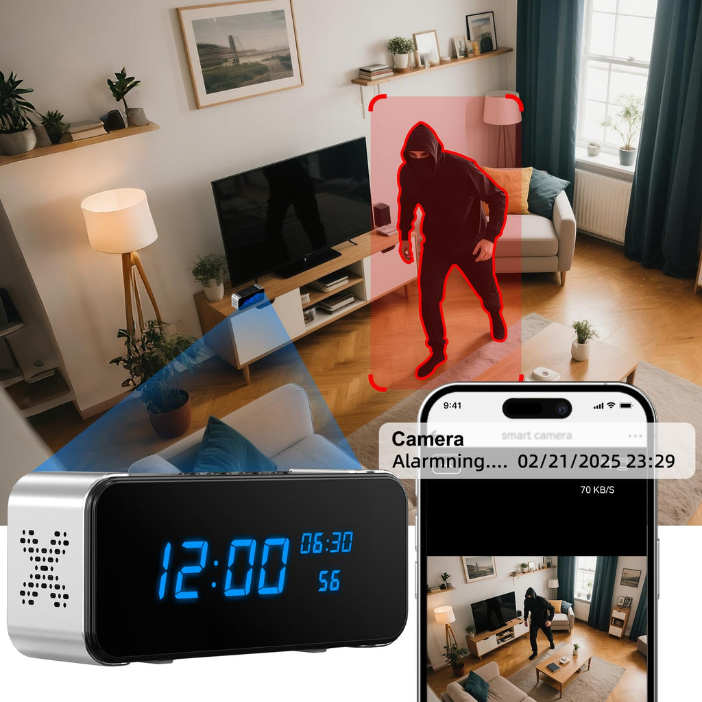 JOOKACE Hidden Camera Clock with Bluetooth Speaker 4K WiFi Indoor Camera for Home Security - Mini Nanny Cam with Night Vision, Motion Detection, Remote Live Stream
