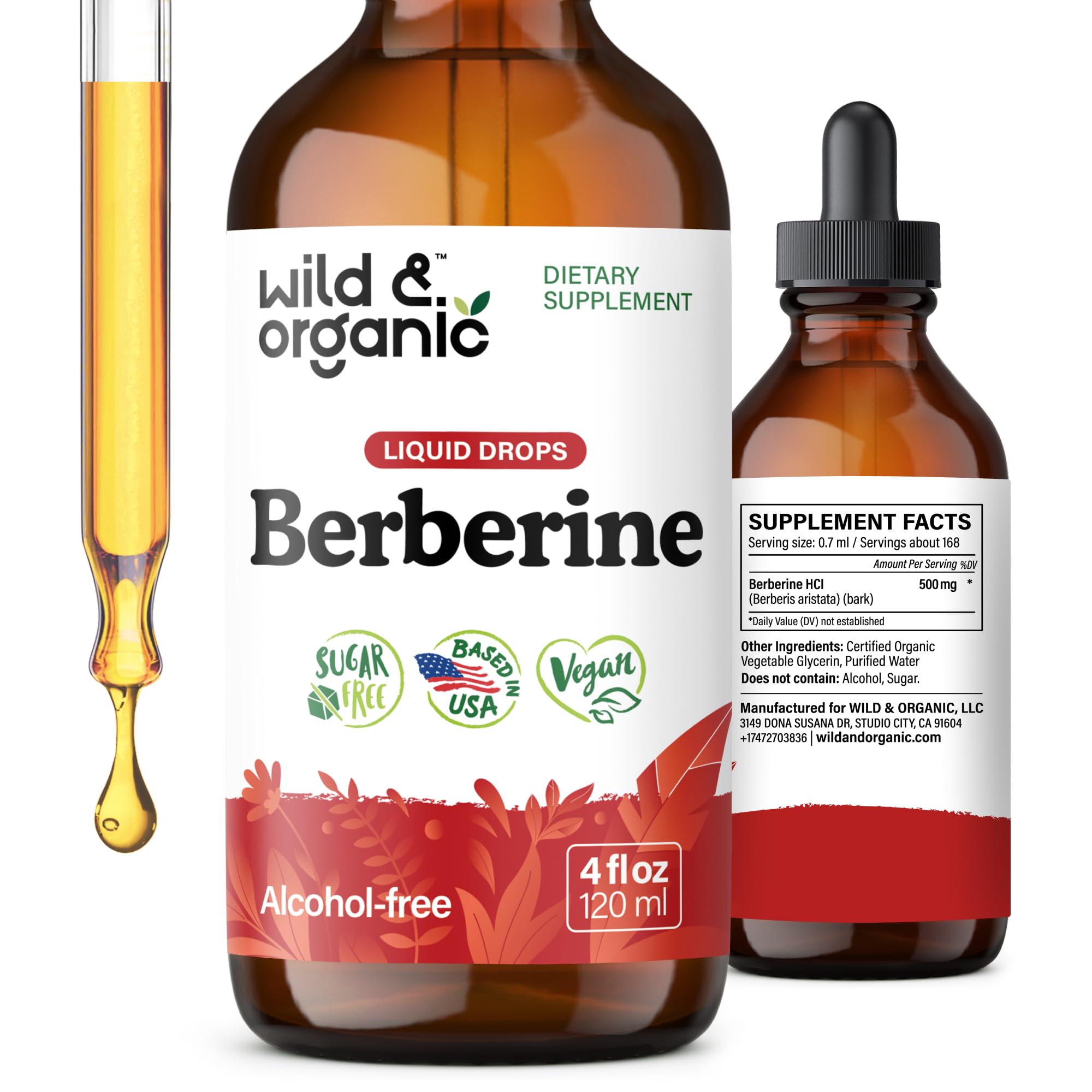 Wild & Organic Berberine Drops HCL 500mg - Antioxidant Support - 4 fl oz