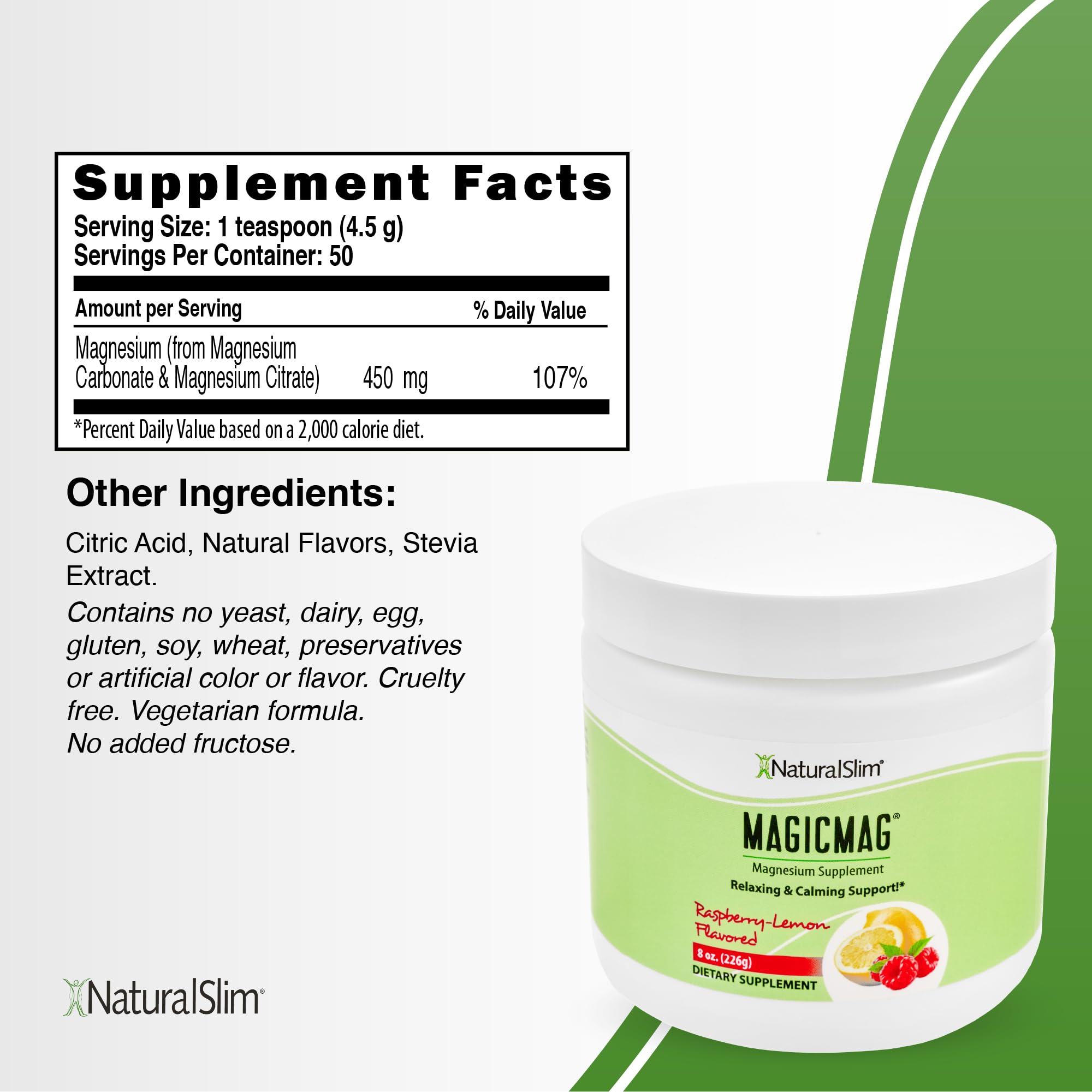 NaturalSlim MagicMag Magnesium Citrate Powder, Raspberry Lemon, 8 oz 2 Pack