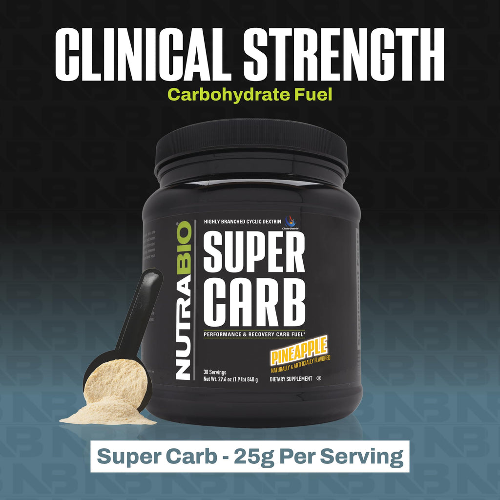 NutraBio Super Carb, Carbohydrate Powder with Cluster Dextrin & Electrolytes, Advanced Carb Supplement Powder for Workout Fuel, Performance, and Muscle Recovery, Cyclic Dextrin, Pineapple, 30 Sv