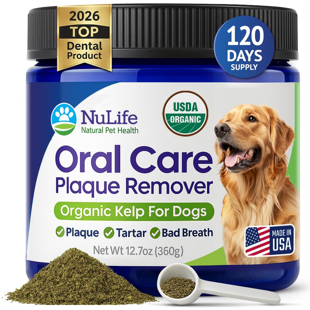 NuLife Natural Pet Health Dog Teeth Cleaning Powder, Dog Plaque and Tartar Remover, Bad Breath Treatment for Dogs with USDA Organic Sea Kelp Powder, Dog Dental Care Made Easy, for All Ages, 12 oz