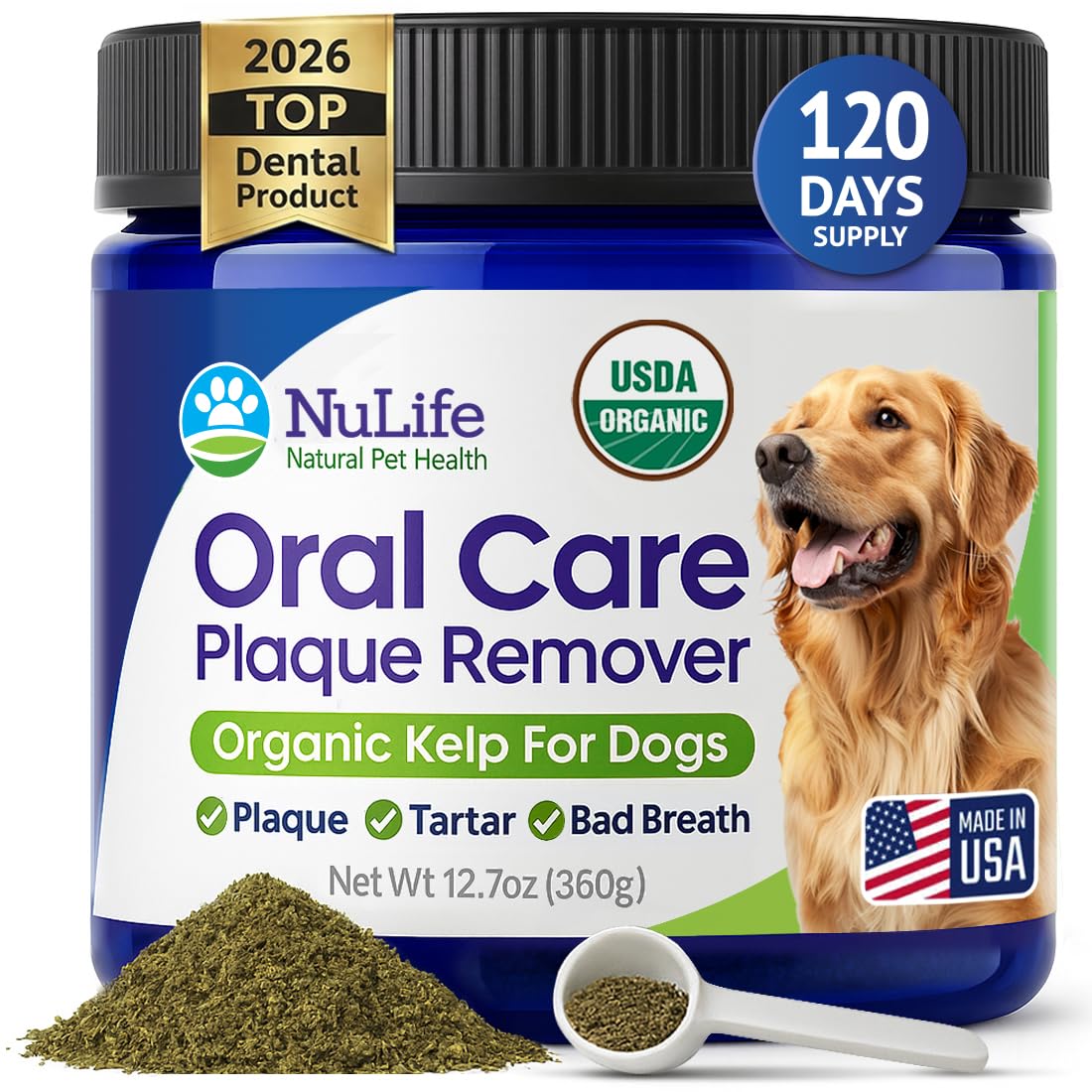 NuLife Natural Pet Health Dog Teeth Cleaning Powder, Dog Plaque and Tartar Remover, Bad Breath Treatment for Dogs with USDA Organic Sea Kelp Powder, Dog Dental Care Made Easy, for All Ages, 12 oz